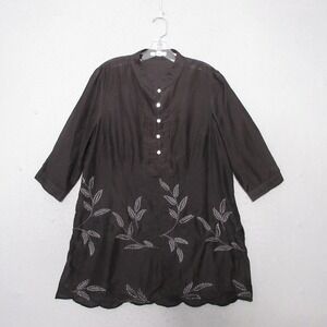 Coldwater Creek‎ Tunic Top PL Black Floral Silk Cotton Embroidered Scallop Airy
